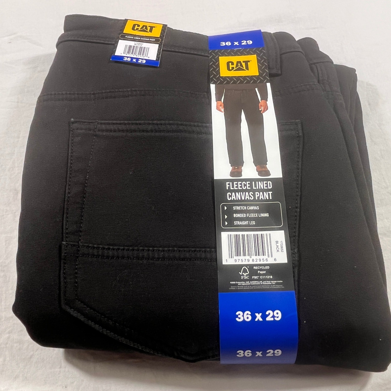 CAT Fleece Lined Canvas Pant Mens 36×29 Black NEW Stretch Straight Leg New
