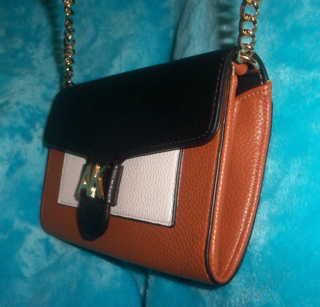 New ANNE KLIEN Black & Saddle Brown Wallet Crossbody Bag – CHAIN STRAP – PEBBLED