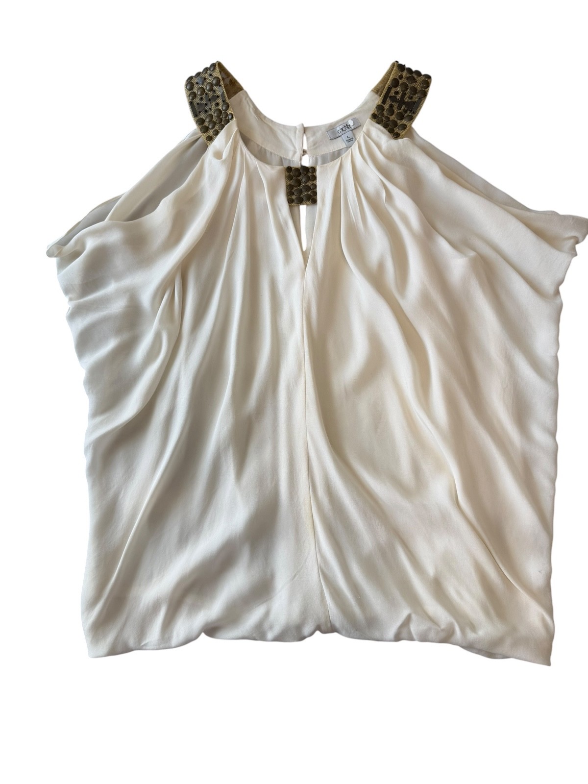 Cache Y2K 100% Silk Solid White Blouse Size L Large Embellished Sleeveless