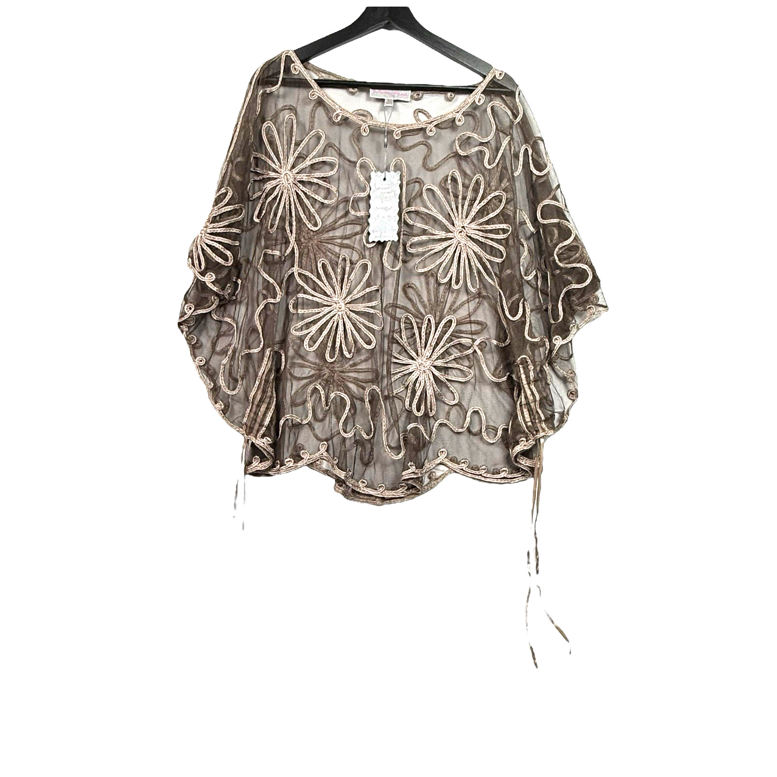 Pretty Angel Brown Sheer Layering Top Floral Applique Silk Blend One Size NWT