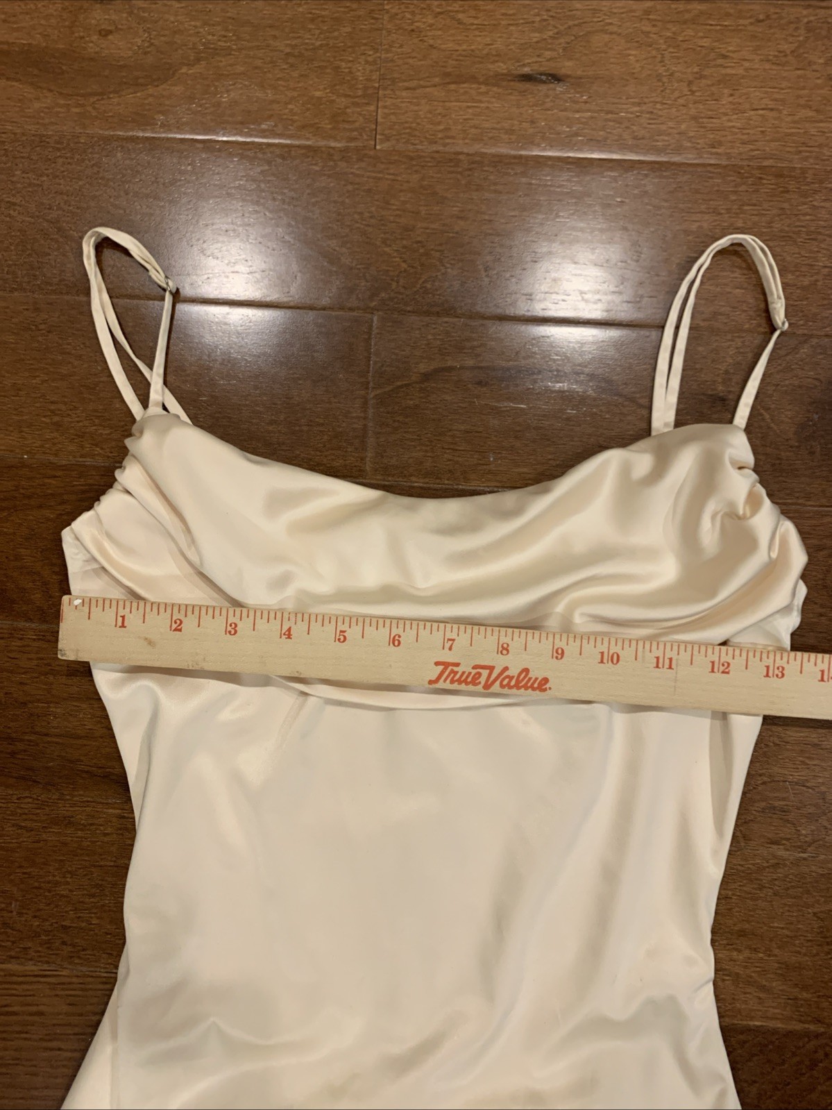 Oh Polly Champagne Stretch Satin Mini Slip Dress Straps Cowl Drape Zip US 4 UK 8