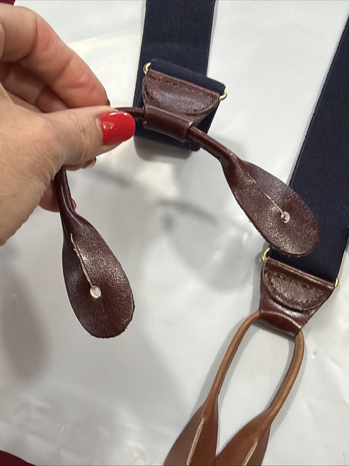 Vintage CAS W Germany BLUE Suspenders BROWN Leather Button Tab Braces Y strap OS