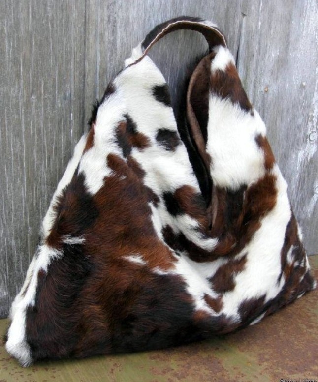 Genuine Cowhide Leather Tote Bag Hair-On Brown White Shoulder Handbag Western