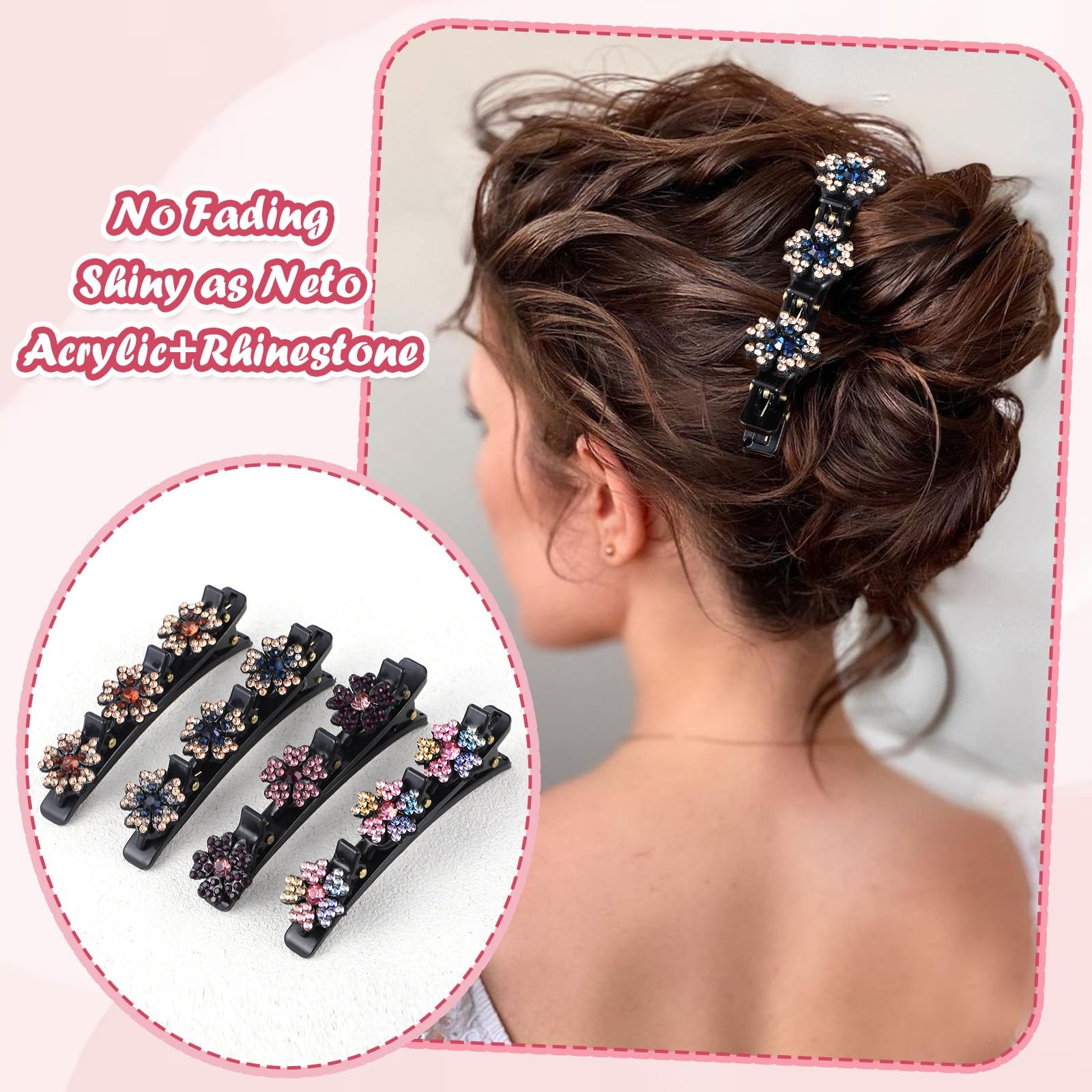 4PCS Sparkling Crystal Stone Braided Hair Clips with 3 Small Clips