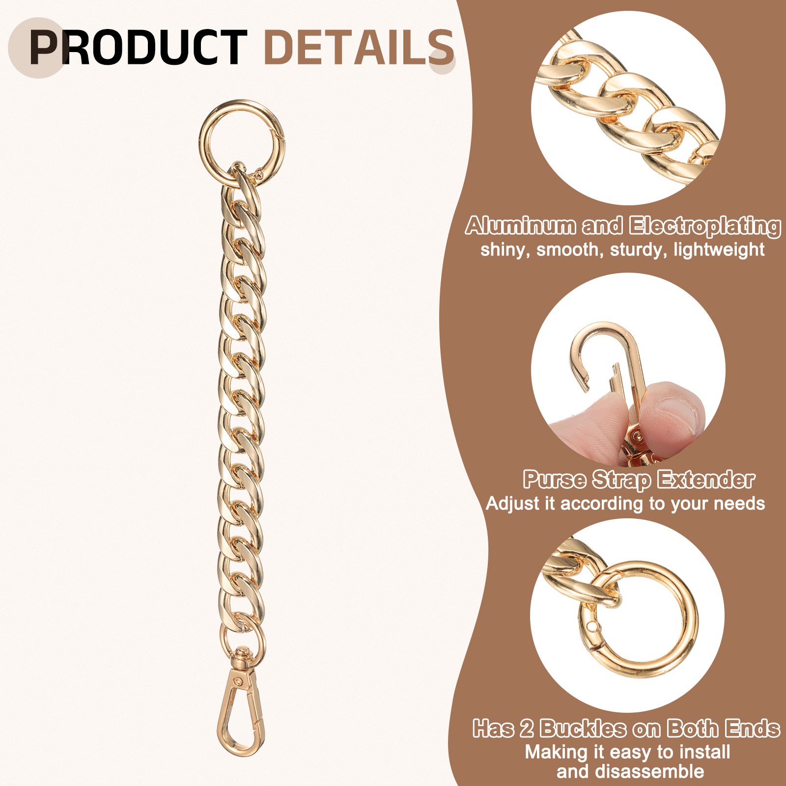 Purse Strap Extender 8.7-Inch, Bag Extender Chain Light Gold, 0.6 Width