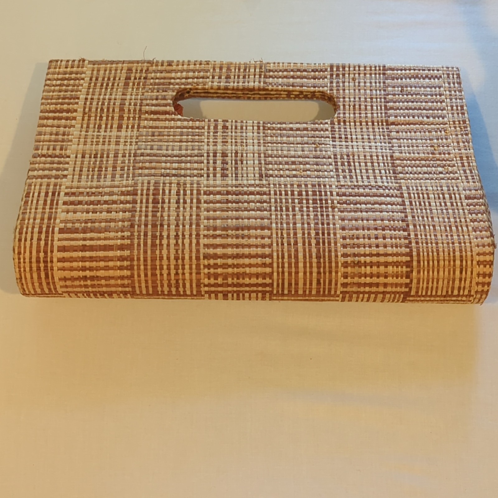 Woven Straw Clutch Top Handle Cutout, Beige Brown Orange, Flower Charm