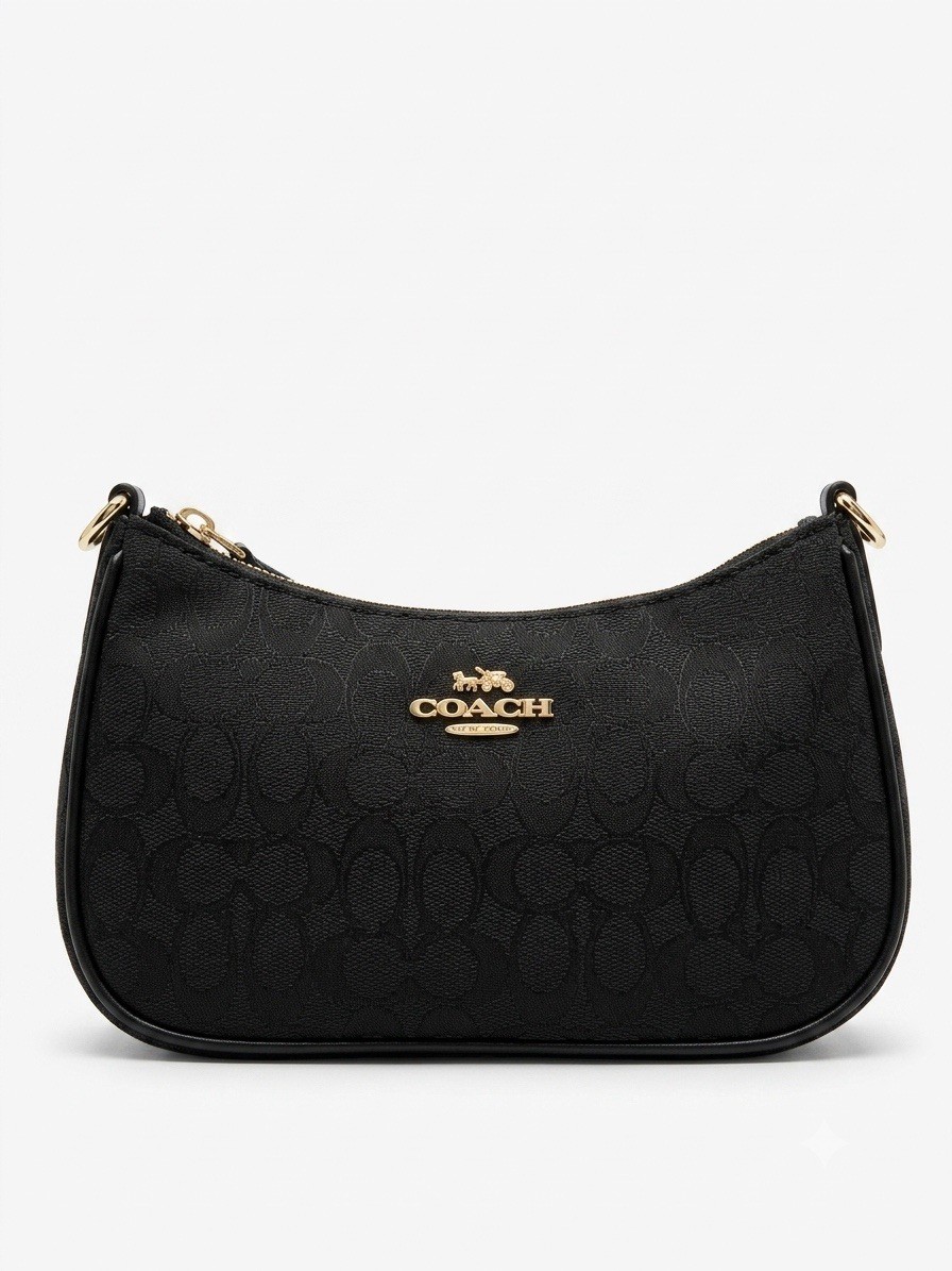 Coach Signature Small Crescent Zip Shoulder Bag Black Gold Detachable Strap