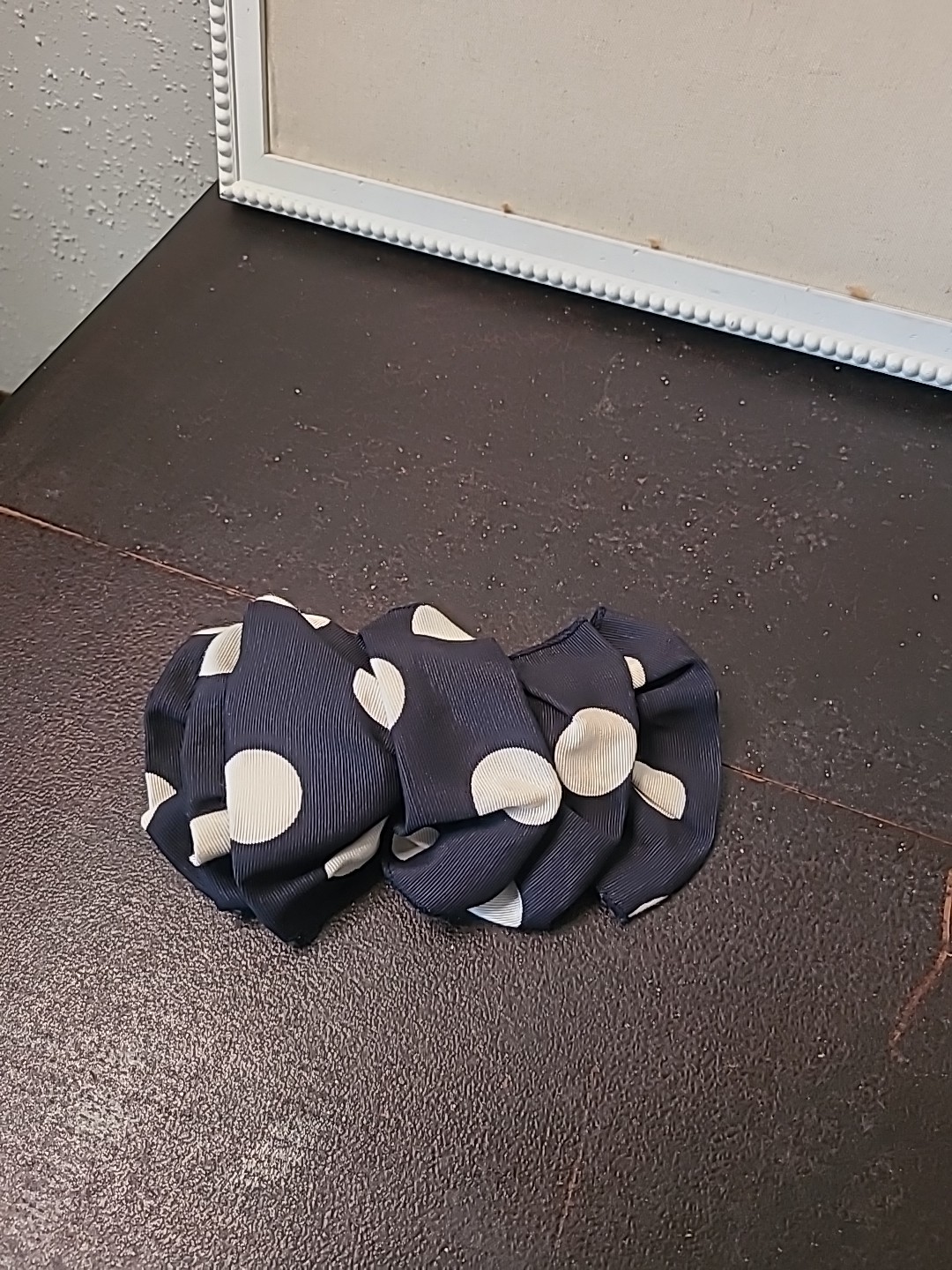 Vintage 80s 90s Big Hair Bow Barrette Clip Ribbon Ruffle Oversize Polka Dot Navy