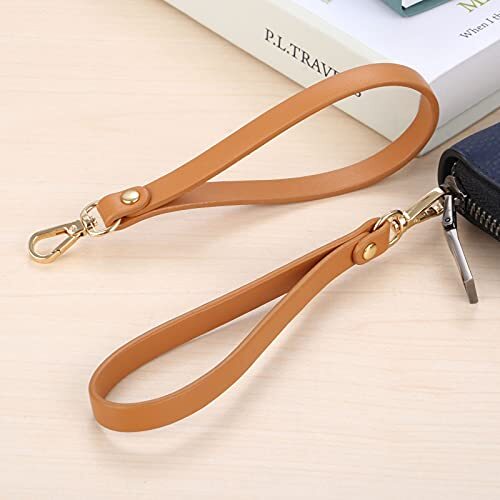 15 * 0.8cm Short Purse Strap Genuine Leather Wristlet Keychain Handle Rope Tan