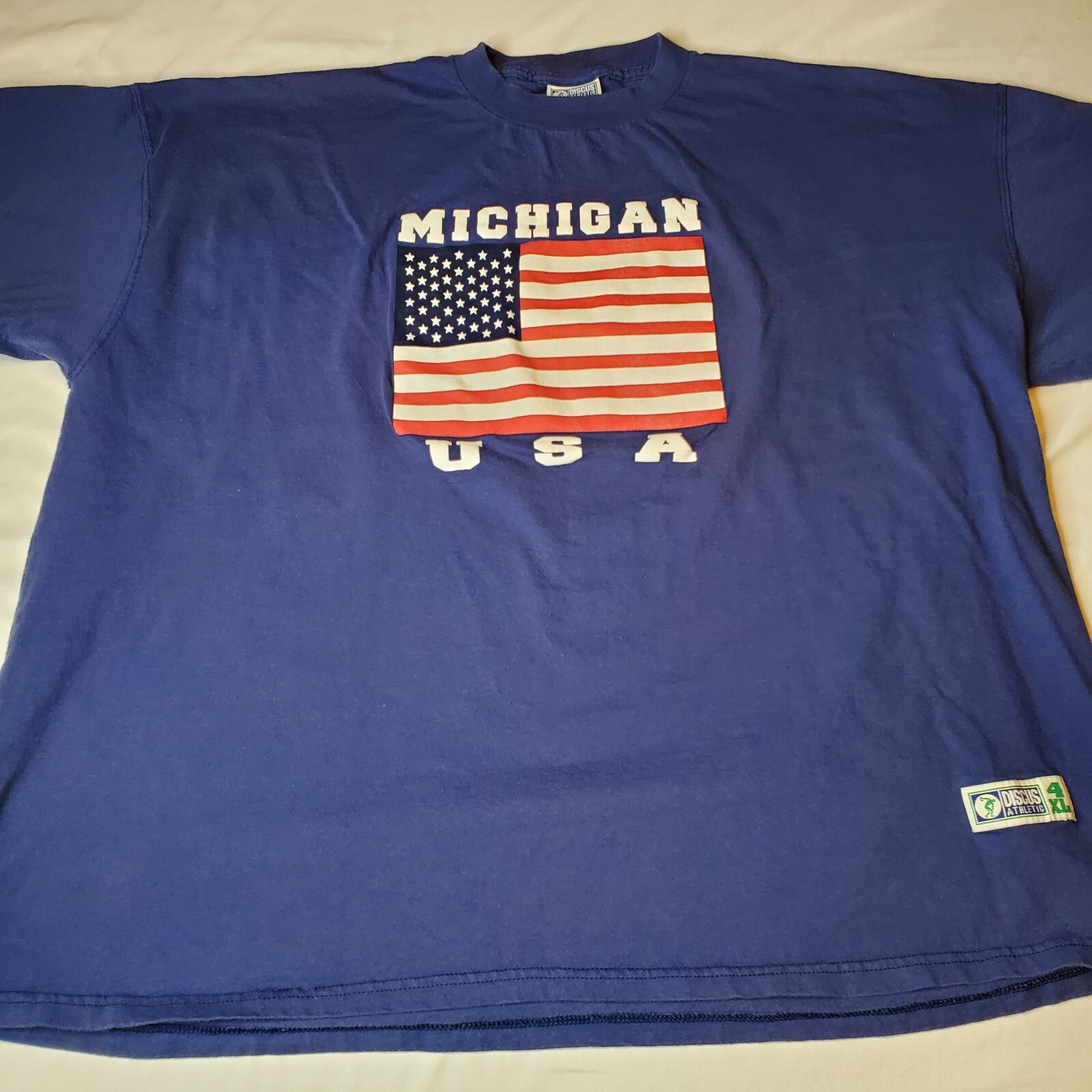 Vintage Discus Athletic T-shirt Michigan USA Mens 4XL Blue Flag 30Wx29L