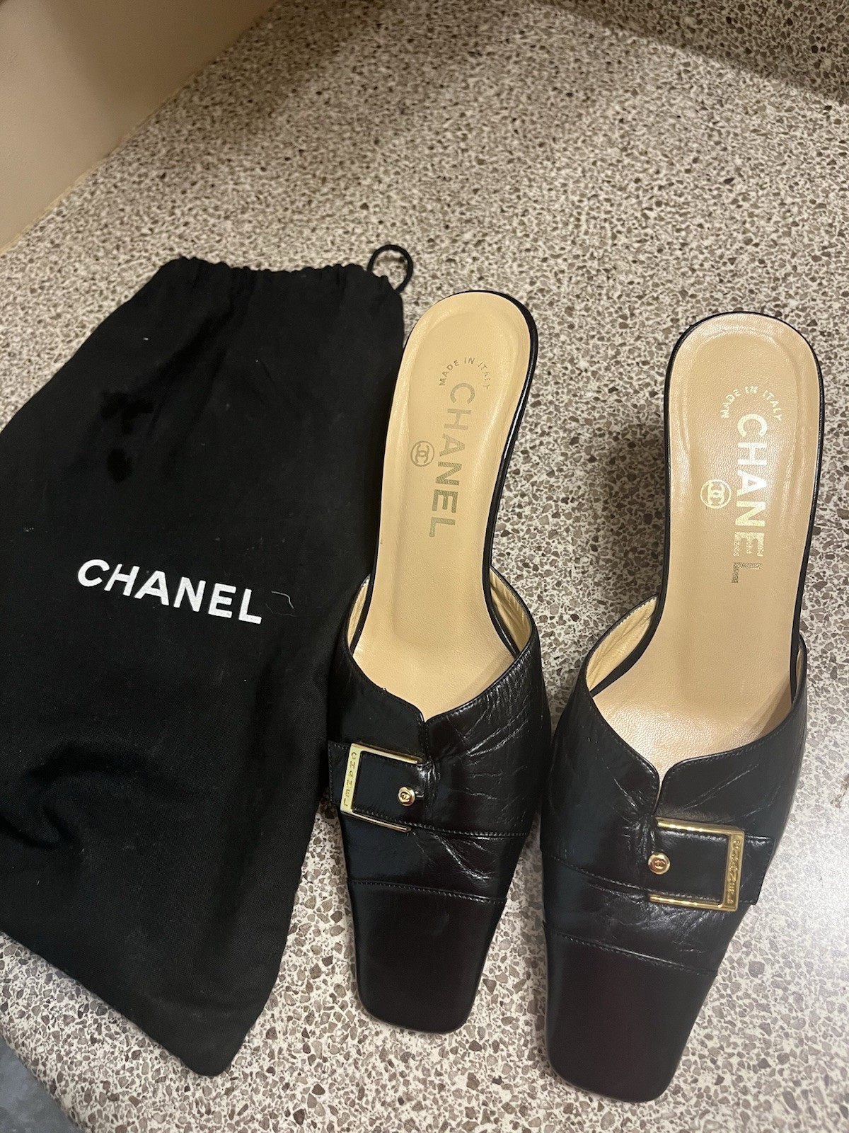 Vtg Chanel Black Leather Logo Buckle Mule Heels 35 1/2