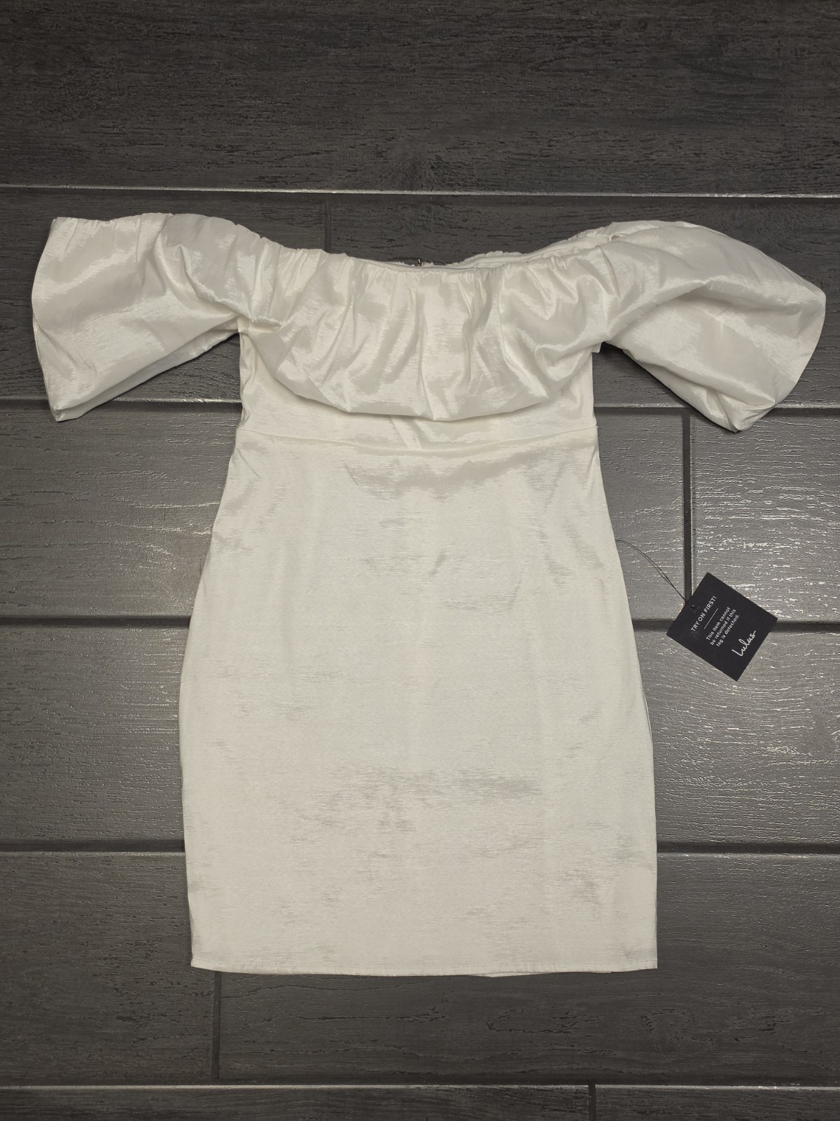 LULUS White Satin Off-Shoulder Ruffle Puff Sleeve Bodycon Mini Dress S