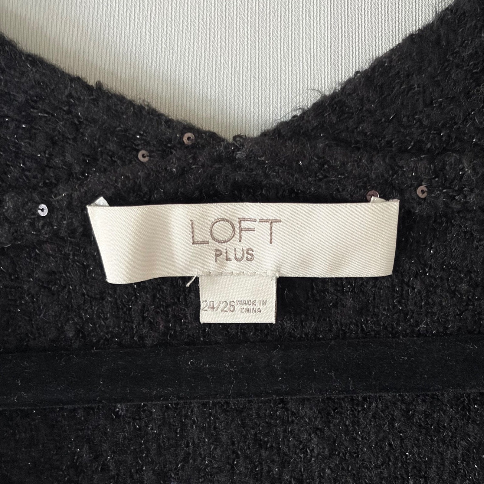 Loft Plus Womens 24/26 Black Sequin V-Neck Sweater Oversized Boucle Knit Sparkle