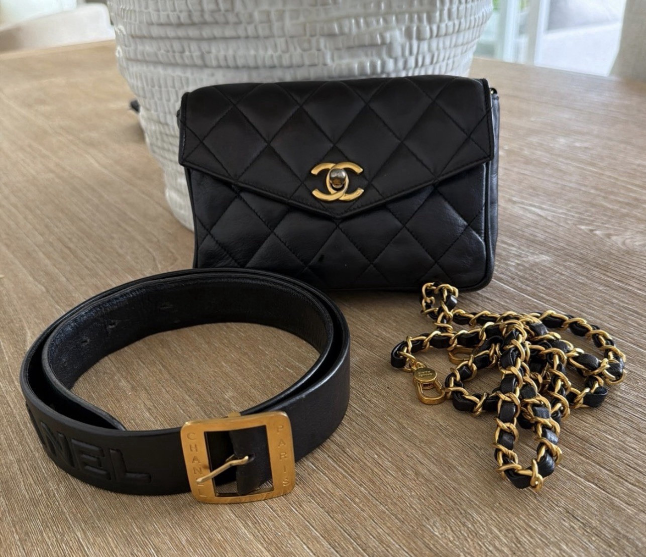 Authentic CHANEL Black Quilted flap CC belt waist bag Turn Lock Gold chain Strap