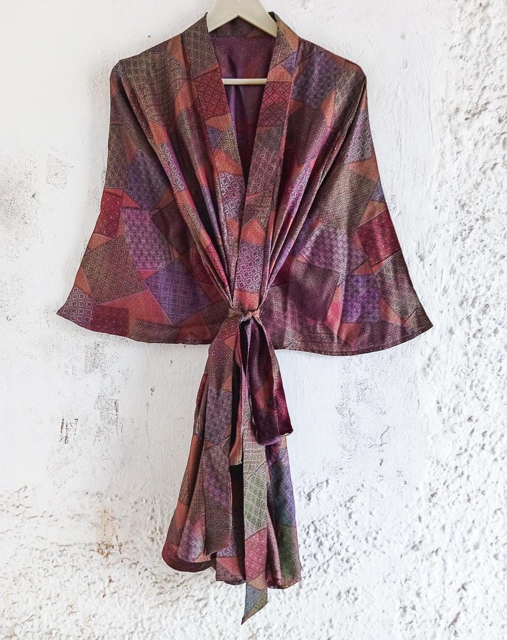 Pure Silk Midi Kimono Knee Length Gown Silk Robe MKMO1678