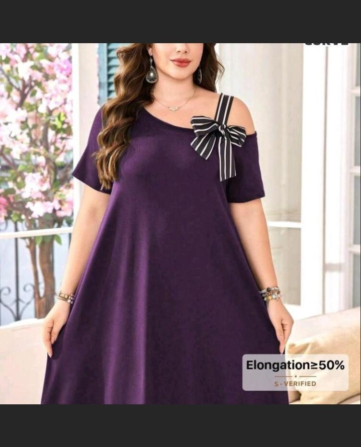 Women’s Purple Cold Shoulder A-Line Knee Dress Asym Neck Bow Accent L Stretch