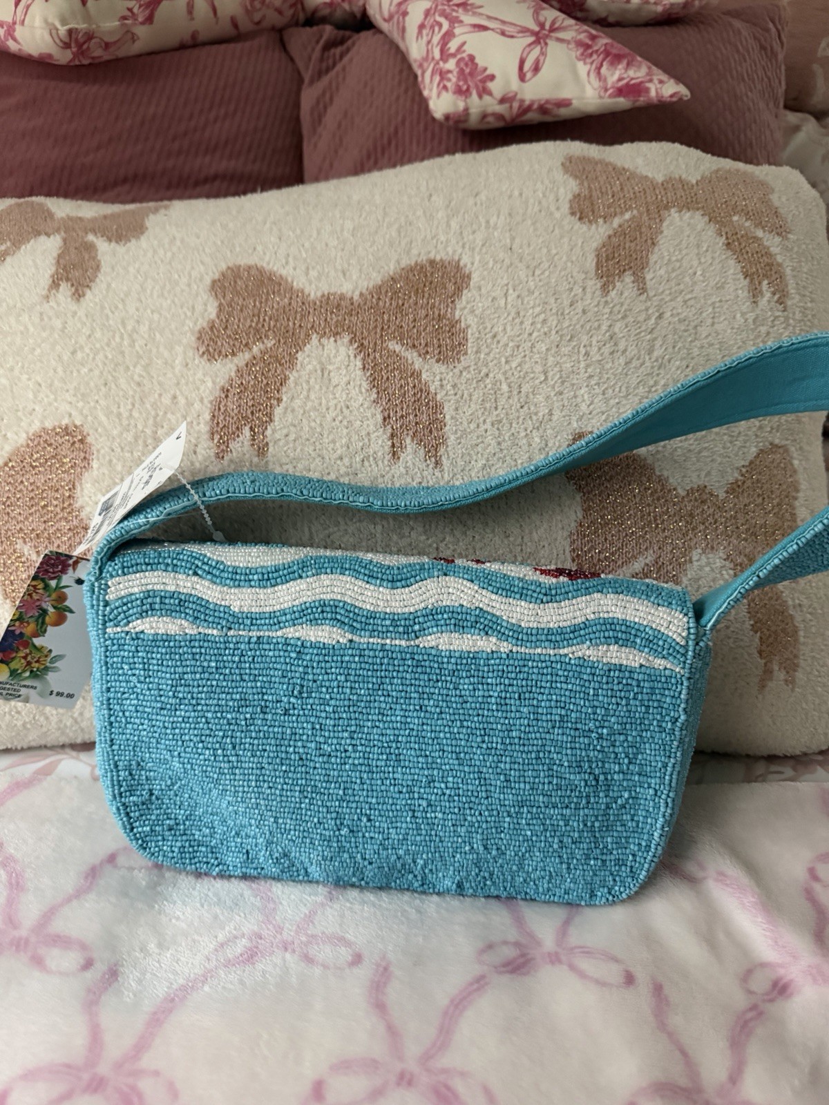 Beaded Crab Striped Blue White Small Shoulder Bag Lined Snap Inner Pockets