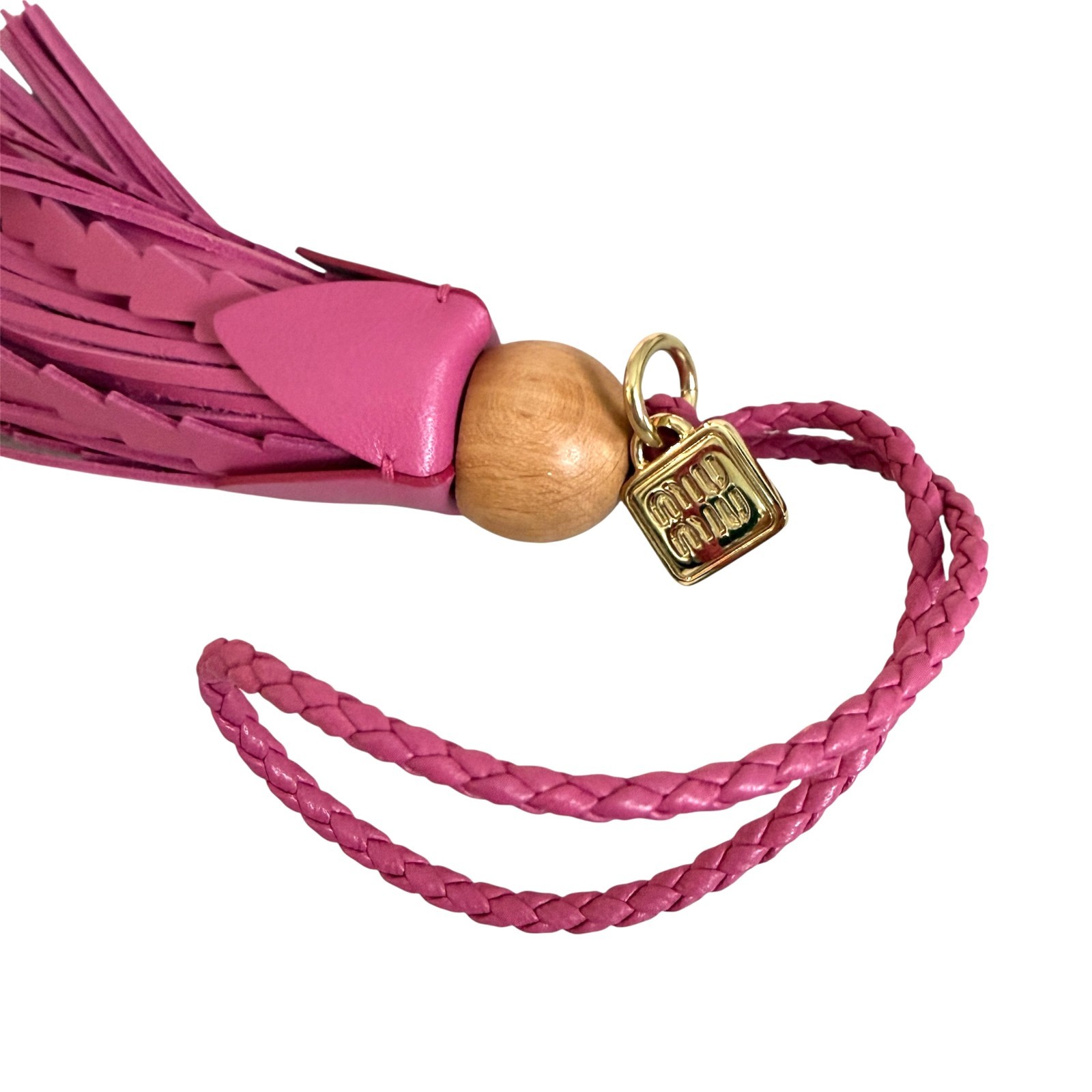 Miu Miu Bag Charm Leather Keychain NEW, Pink Tassel with wood top