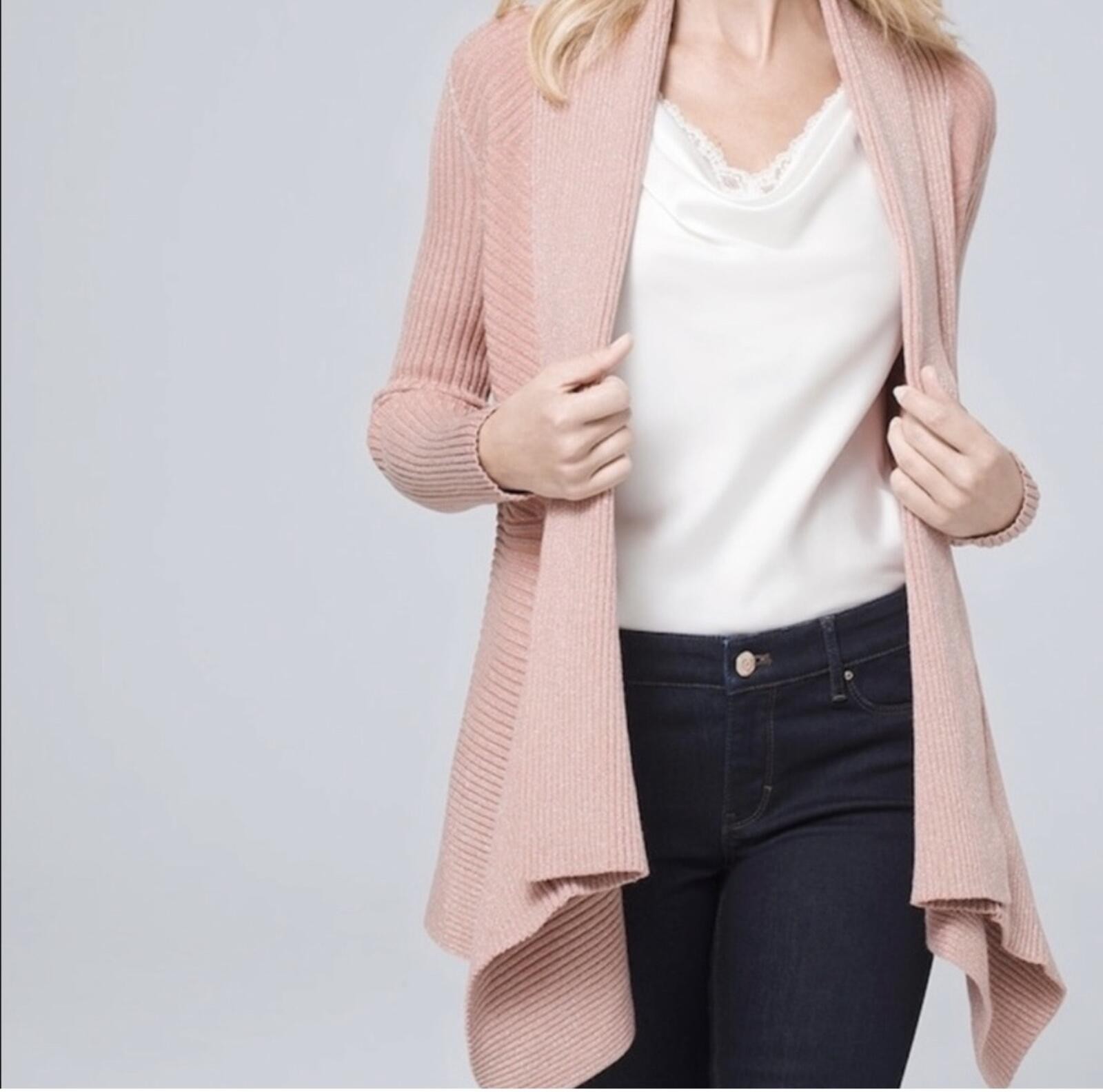 White House Black Market Blush Pink Open Front Metallic Ribbed Cardigan Sweater
