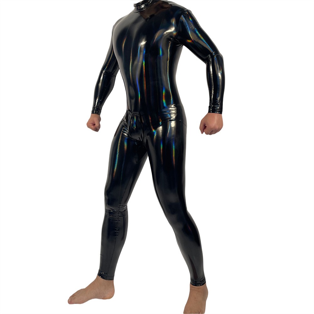 Men’s Wet Look Shiny Latex Leather Bodysuit Cosplay Costume PVC Bodycon Clubwear