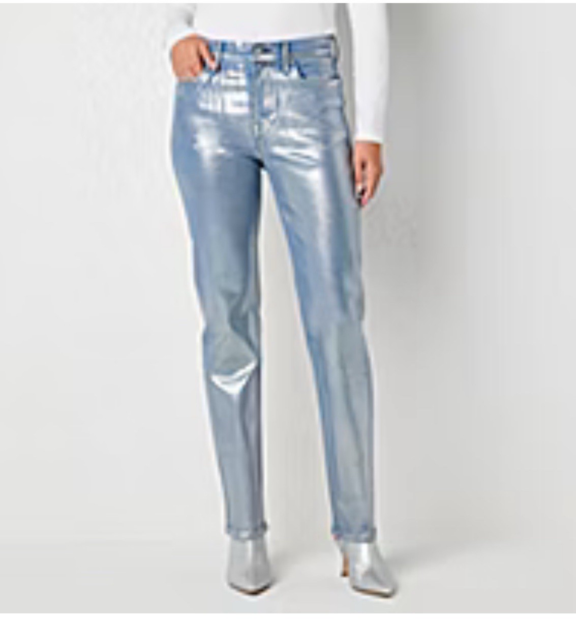 a.n.a Silver Straight Leg Jeans with Metallic Finish Size 4
