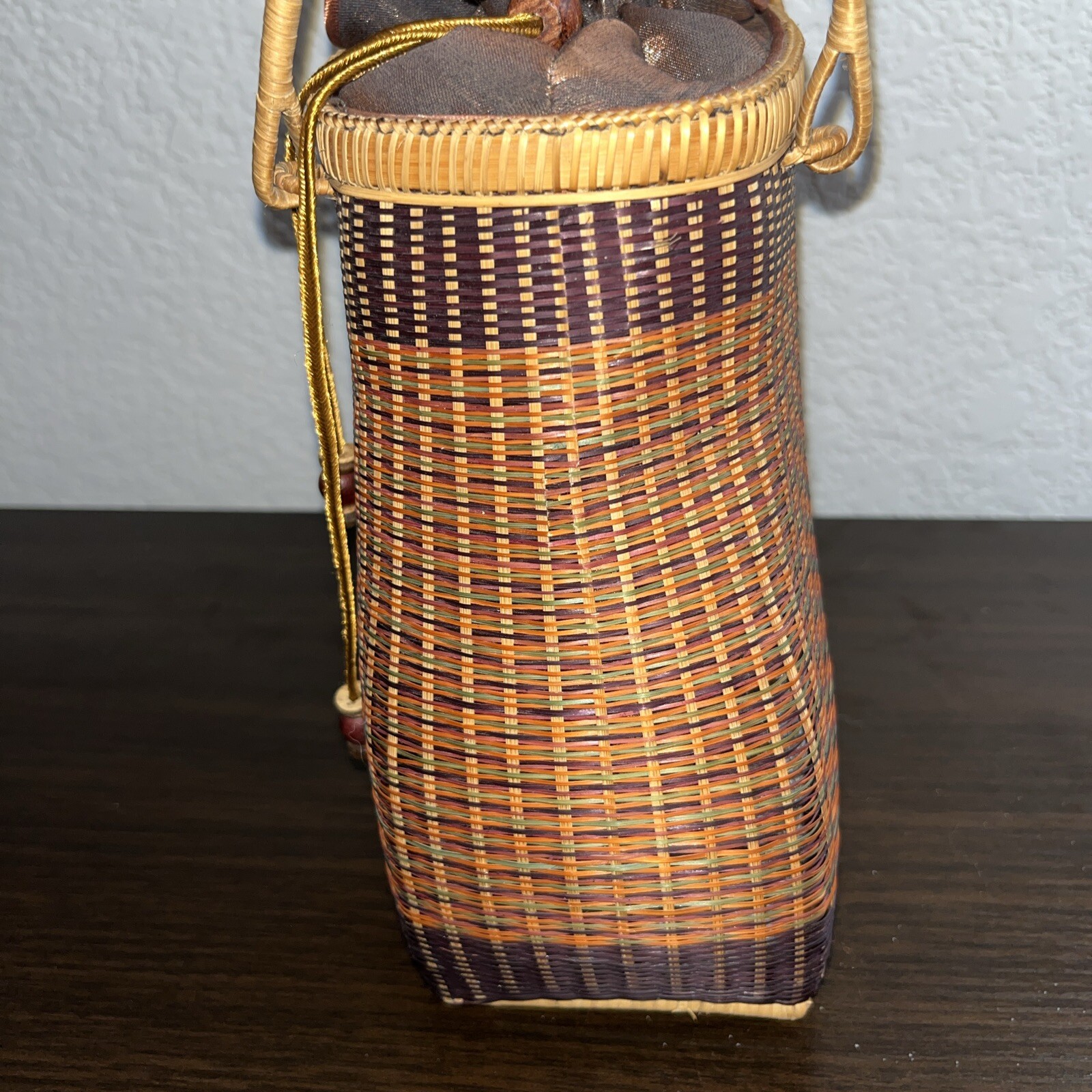 Bamboo Wicker Woven Handbag Purse Drawstring Top Fabric Lining Beautiful Colors