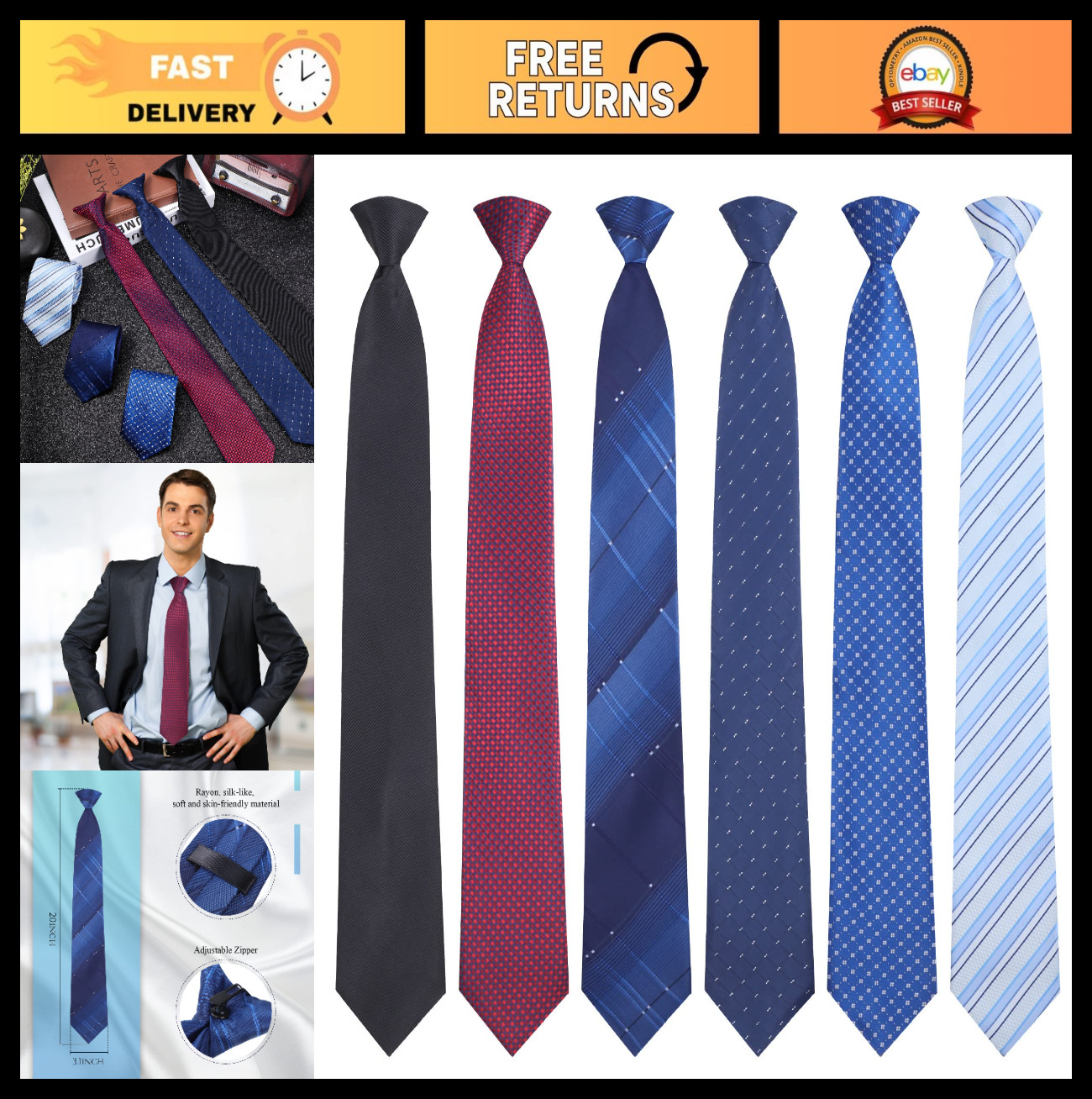 6 Pcs Men’s Clip-On Ties – Striped, Solid, Plaid, Dots – Easy Necktie Set 20