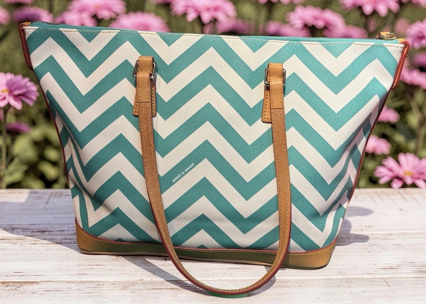 Dooney Bourke Turquoise Spearmint Green Chevron Large Shopper Tote Shoulder Bag