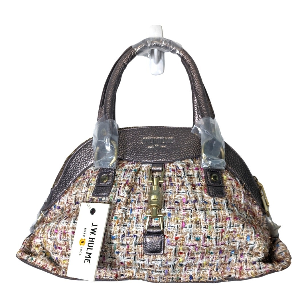 JW Hulme Maureen Satchel Bag Tweed & Leather Dome Top Handle Pewter Accents NWT