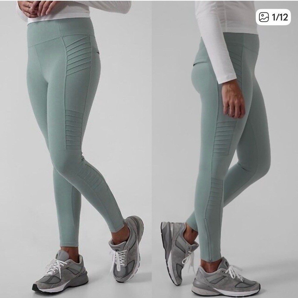 Athleta Balance Moto Tight Leggings Medium Sage Green High Rise Zip Ankle Moto