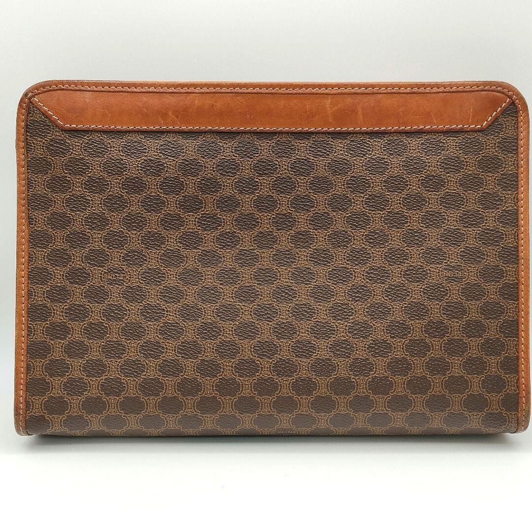 CELINE Macadam Vintage Brown Leather Clutch Bag Unisex Gold Zip From Japan