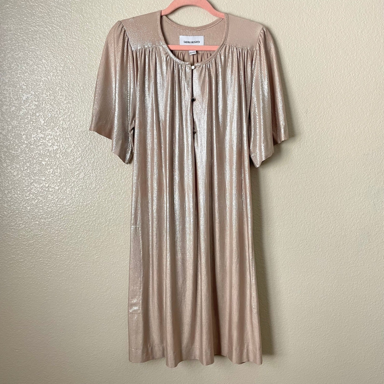 Sabina Musayev Dress Large Metallic Shimmer Pleated Mini Button Front Belted