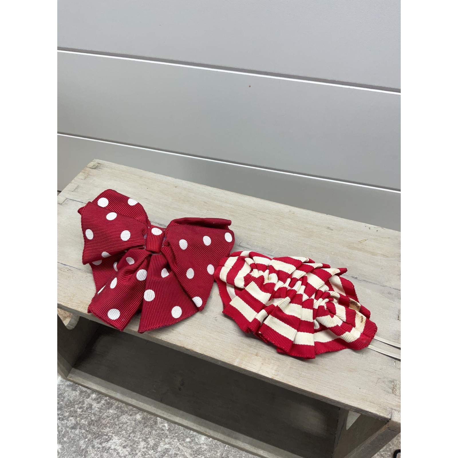 Debra Moises Red White Polka Dot Striped Grosgrain Ribbon Hair Barrette Set 2pc