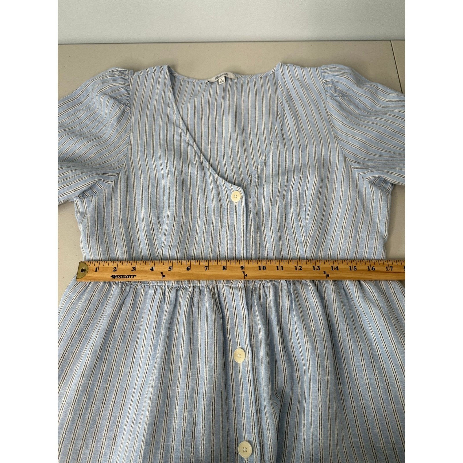 Madewell Cassie Striped Linen Button Front Midi Dress Size L Blue WhitePockets