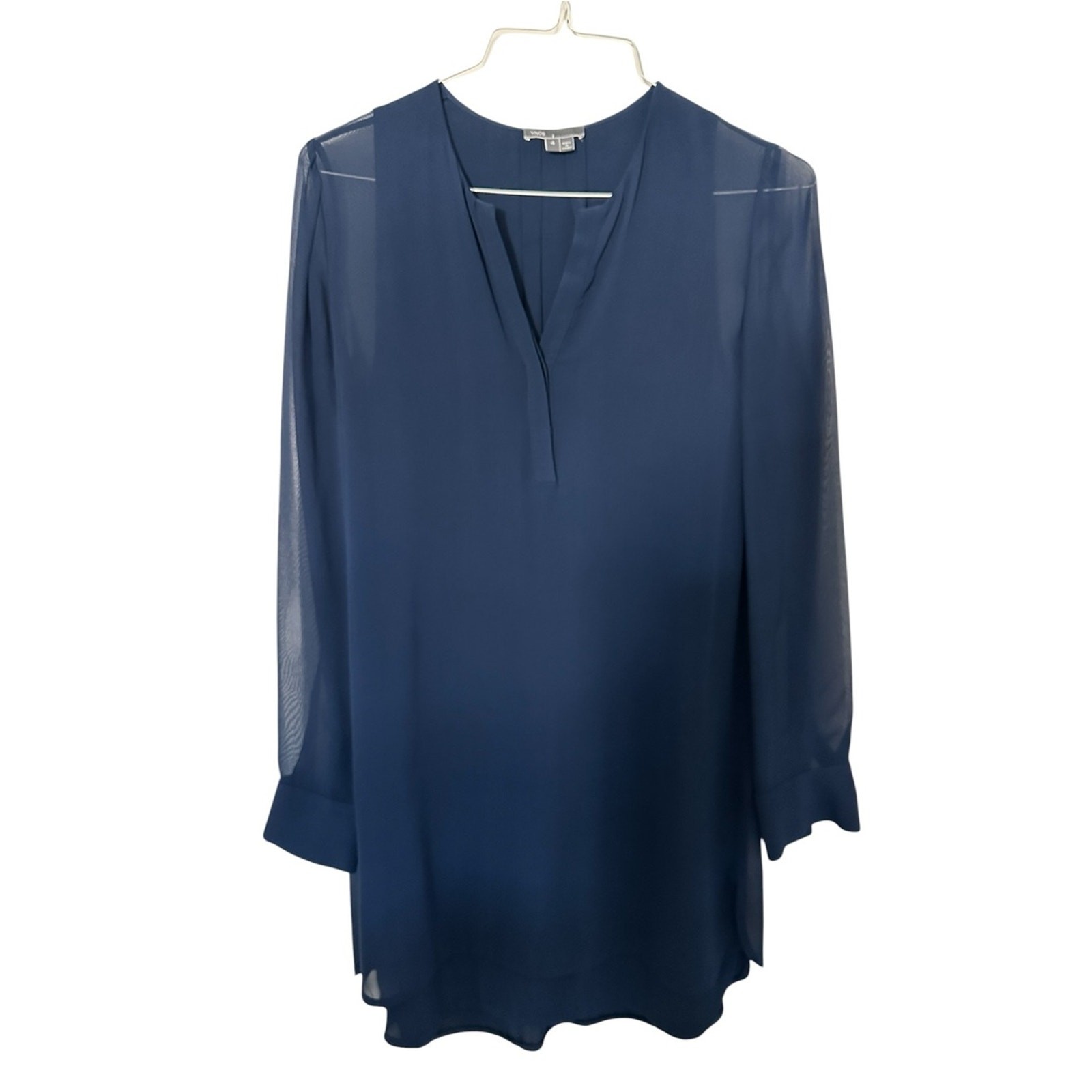 Vince 100% Silk Double Layer Shirttail Dress Navy Sheer Sleeves Size 4