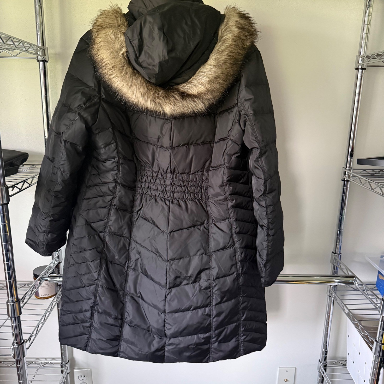 Michael Kors Black Down Puffer Coat Faux Fur Hood Long Parka Jacket Womens Large