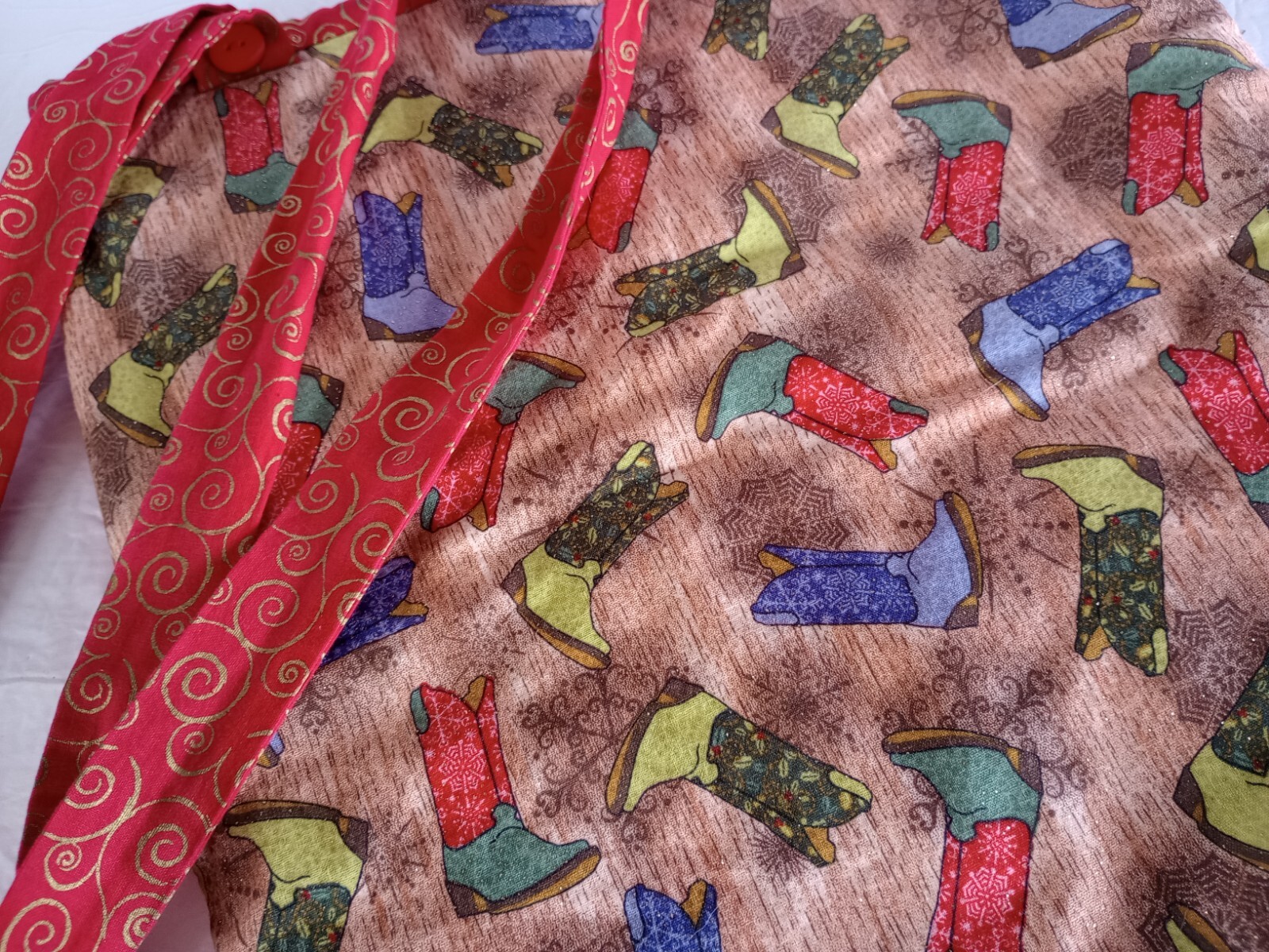 Handmade Cloth Re-Usable Shopping Tote Bag Cowboy Boot Print Colorful Red Sparkl