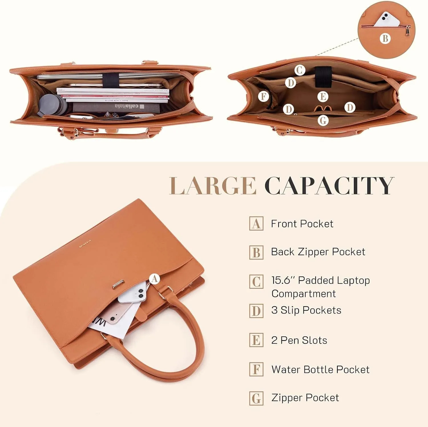 Leather Laptop Tote Bag 15.6 Inch Computer Purse Briefcase For Work And Travel