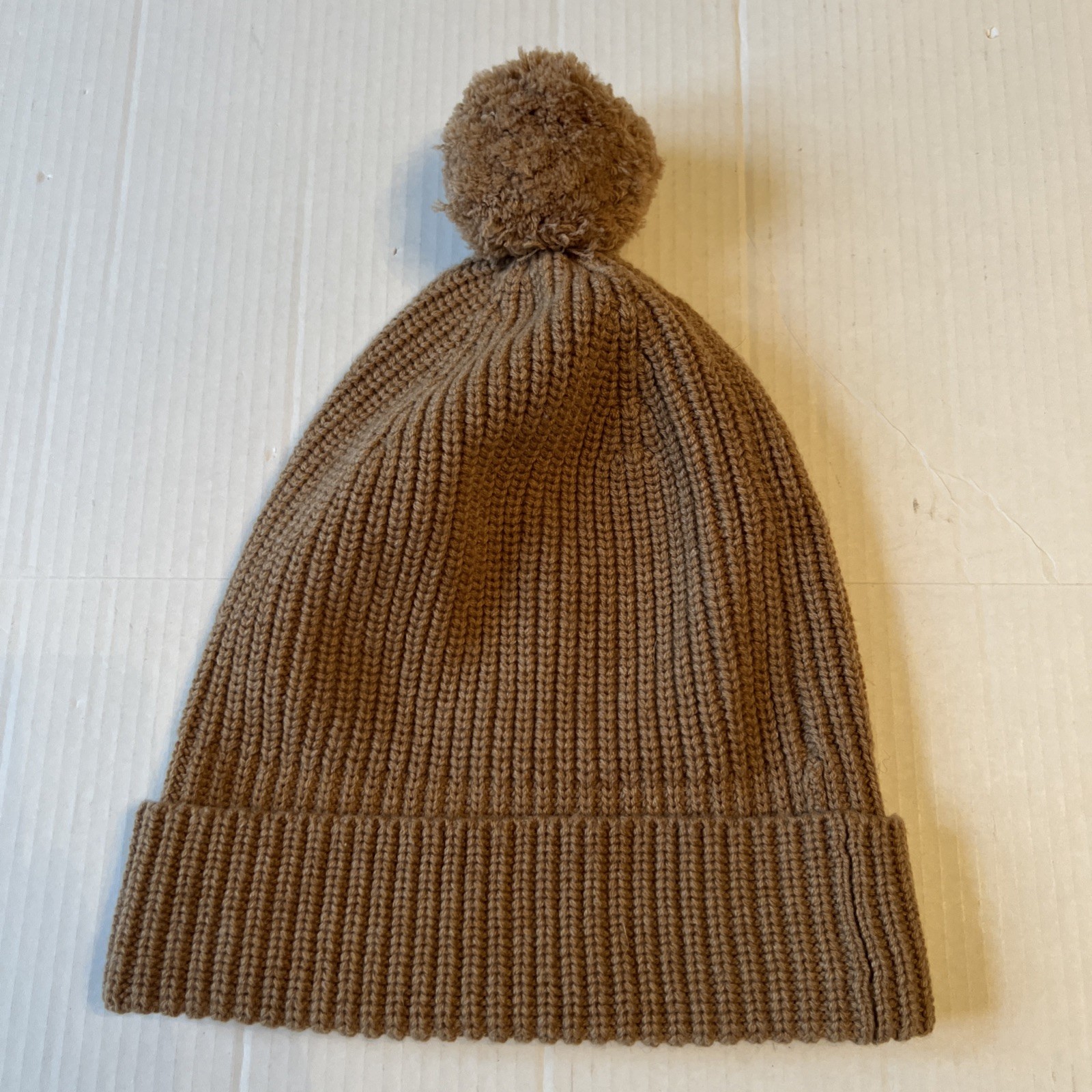 LUXTON Sz L Women’s Ribbed 90%Wool 10shmere Pom Pom Beanie Hat Camel NWOT