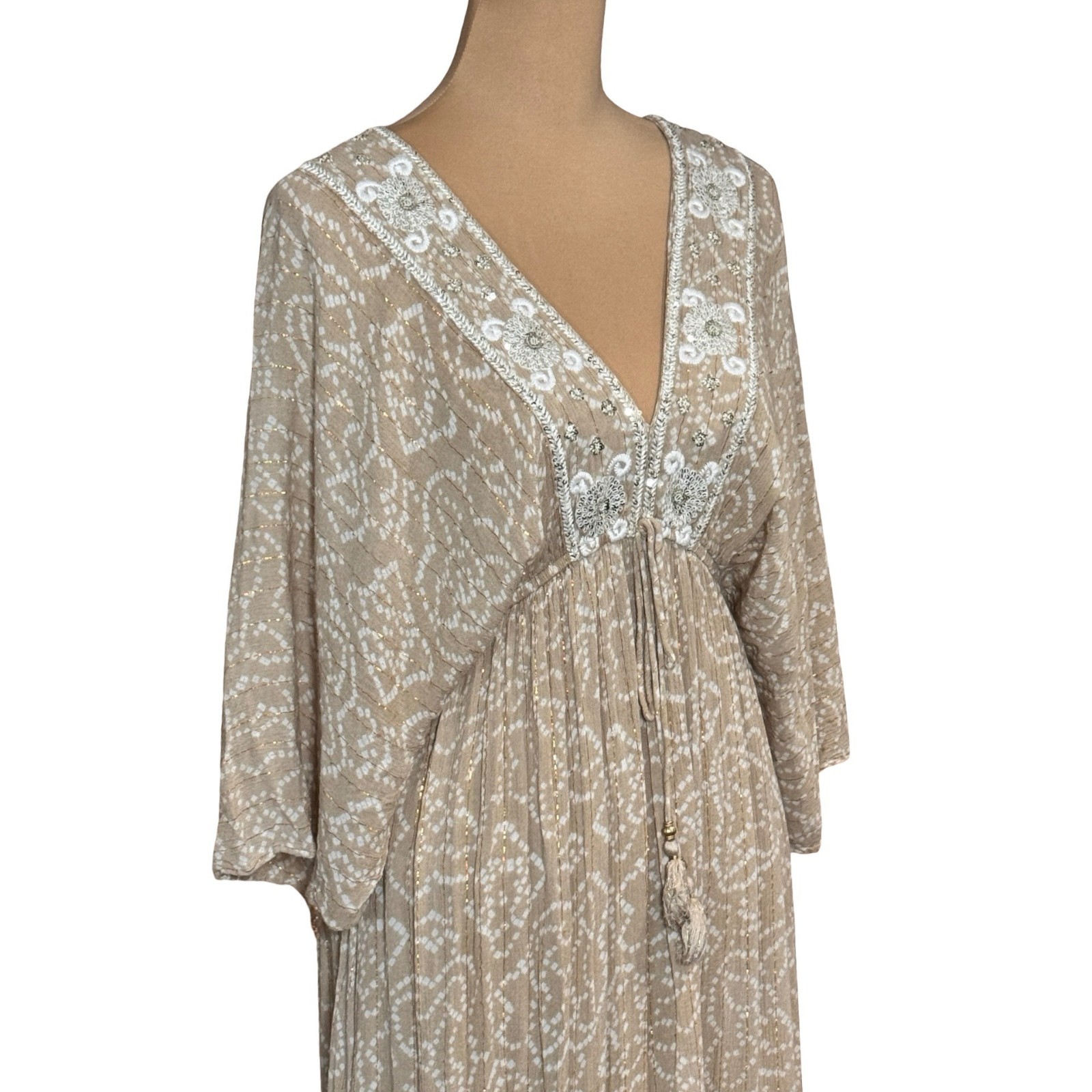Flowy Boho Embroidered Cotton Tiered Maxi Dress Sz S Kaftan Beach Babydoll