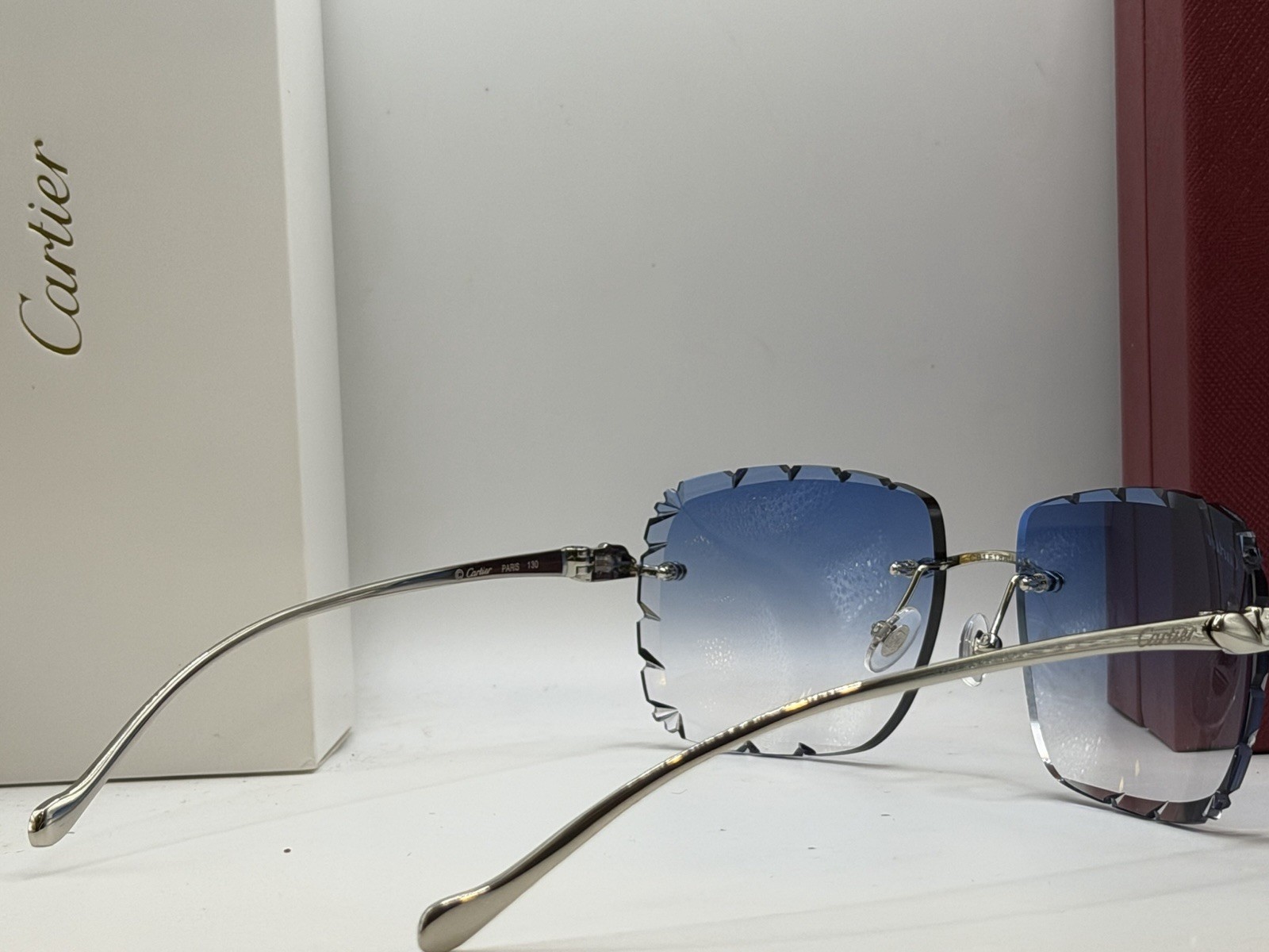 Cartier Panthere CT0061O 60mm Diamond Cut Gradient Blue Lens Silver Sunglasses