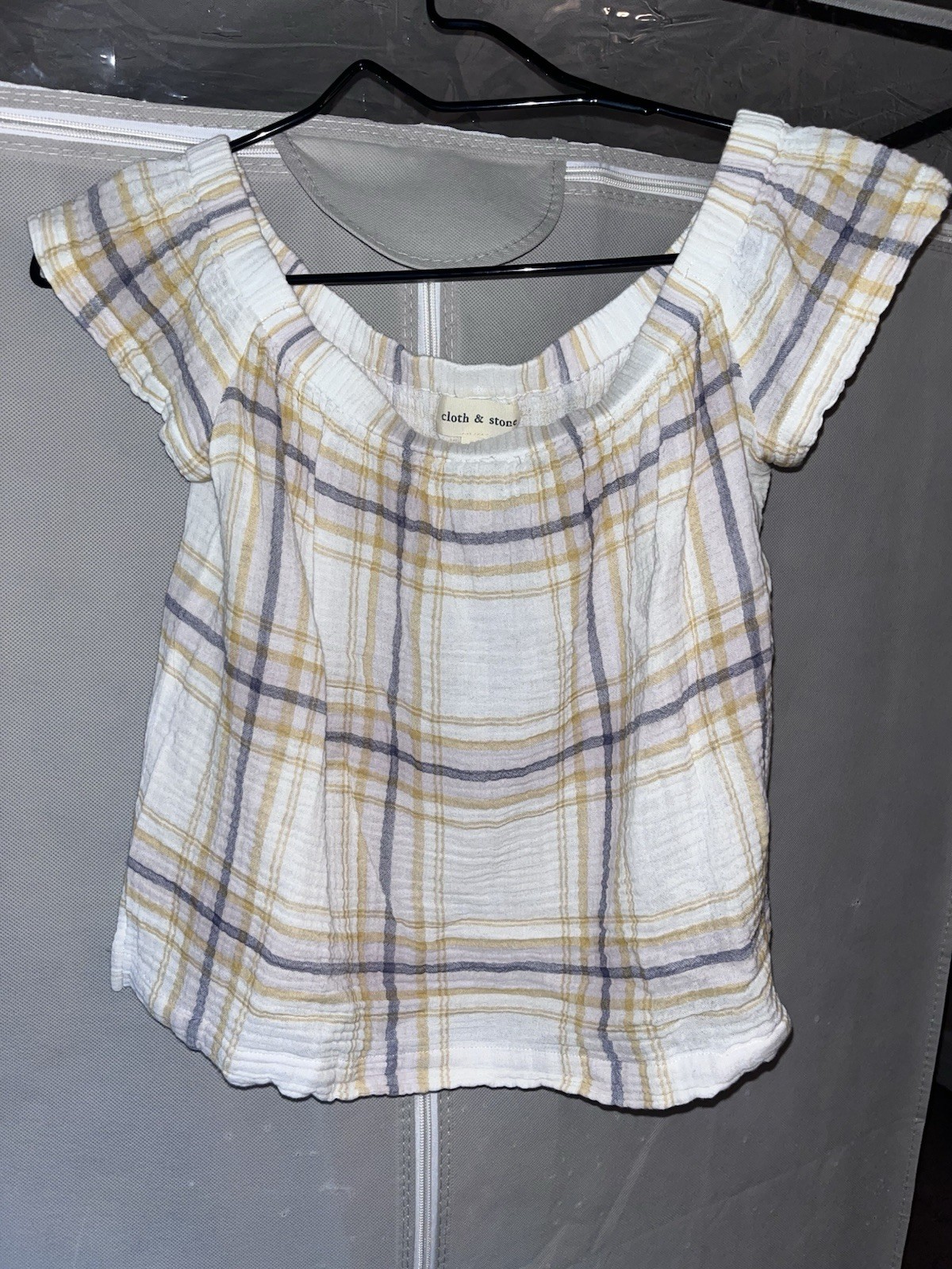 Cloth & Stone Plaid Off the Shoulder Crop Top XS Pastel Textured Gauze Blouse