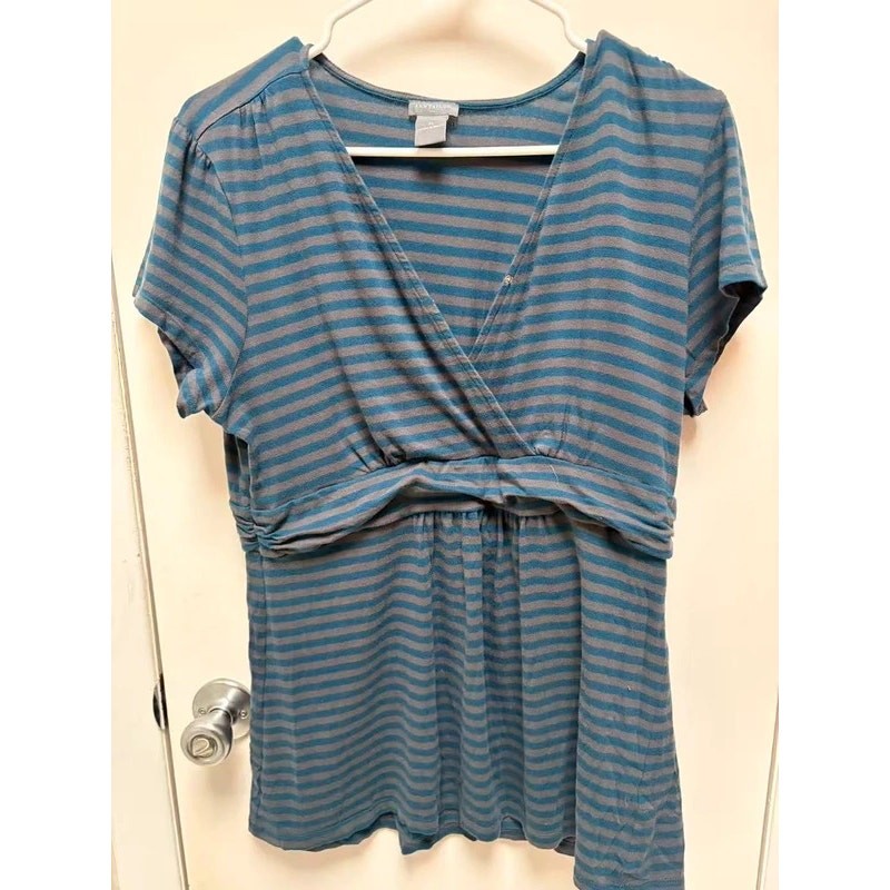 Ann Taylor Striped Surplice V-Neck Empire Waist Short Sleeve Top Gray Blue XL