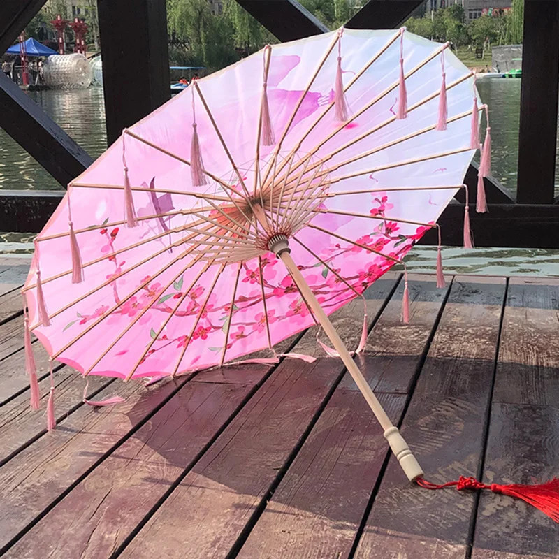 Cloth Parasol Umbrella 82cm Long Handle Silk Tassel Hanfu Cosplay Photo Prop