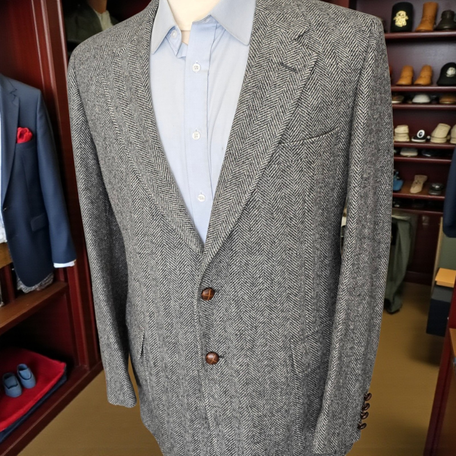 Vinatge 1970s Nordstrom Tweed Blazer 42L Herringbone Patch Pocket