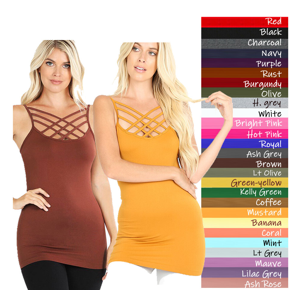 (Zenana) Criss Cross Xtra Strappy Seamless Cami Spaghetti Strap Tank Top Lattice