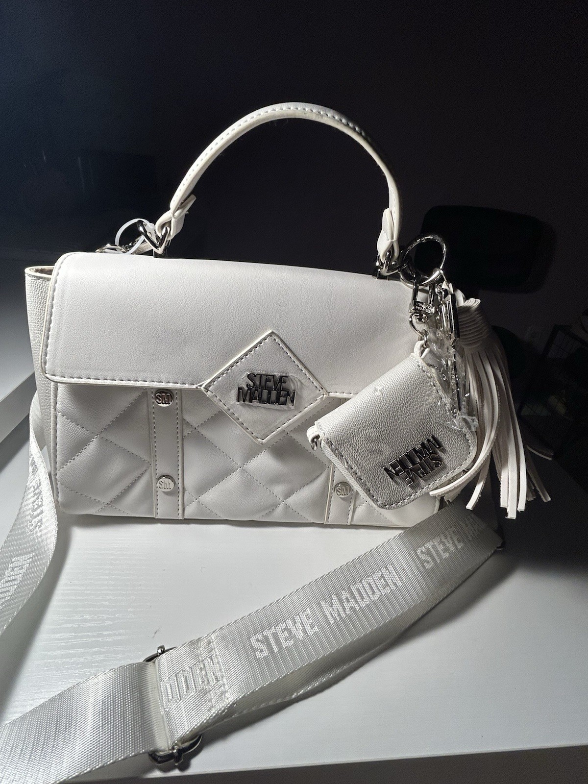 Steve Madden White Quilted Satchel Top Handle Crossbody Detachable Strap Charm