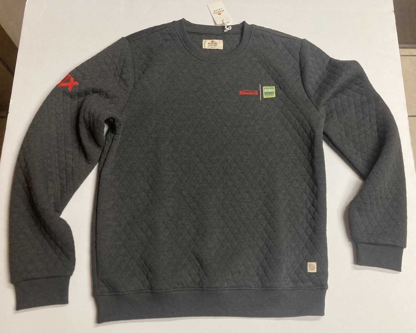 Marine Layer Quilted Embroidered Logo Crew Neck Pullover Sweatshirt Gray M