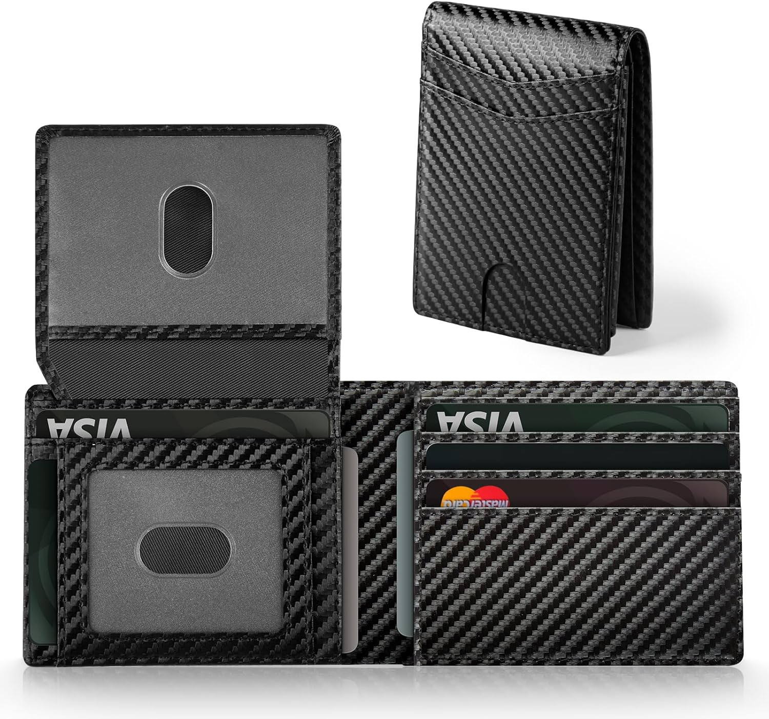 Wallet for Men RFID Blocking Leather Black Wallets Bifold Carbon Fiber Front Poc