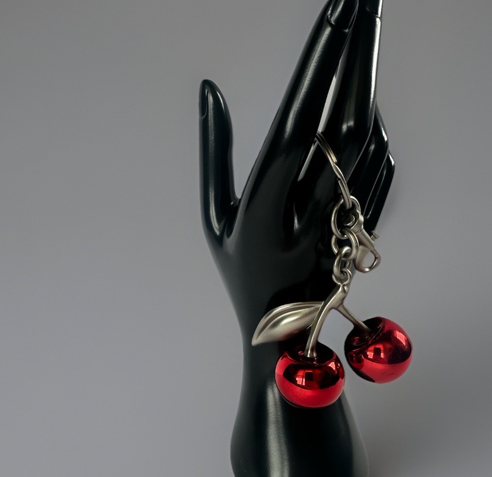 Mirrored Red Double Cherry Bag Charm | SILVER Keychain + Premium Velvet Dust Bag
